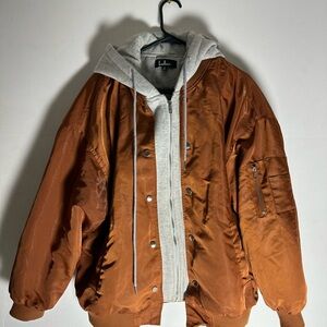 Lulu's Men's Orange Bomber Jacket with Gray Hoodie